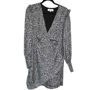 L' Academie Black and White Ruched Wrap Dress with Bishop Sleeves